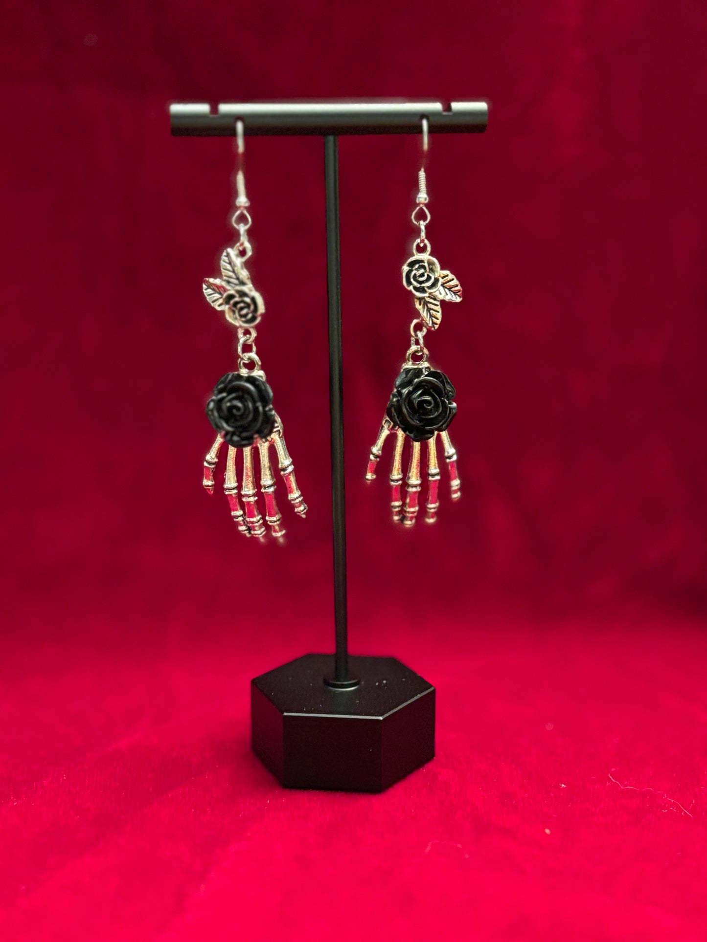 Skeleton Hand Earrings with Colored Rose