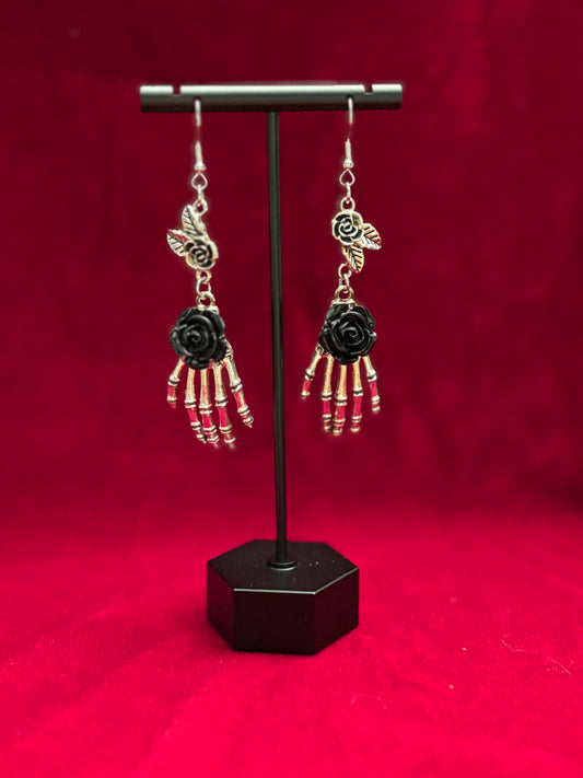 Skeleton Hand Earrings with Colored Rose